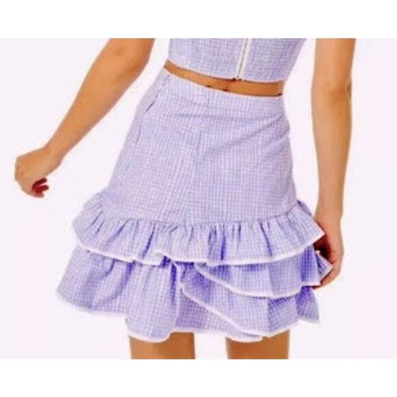 Lilly Pulitzer Rosalie Tiered Ruffle Mini Skirt Lilac Ginham Print Size 2 - Picture 4 of 9